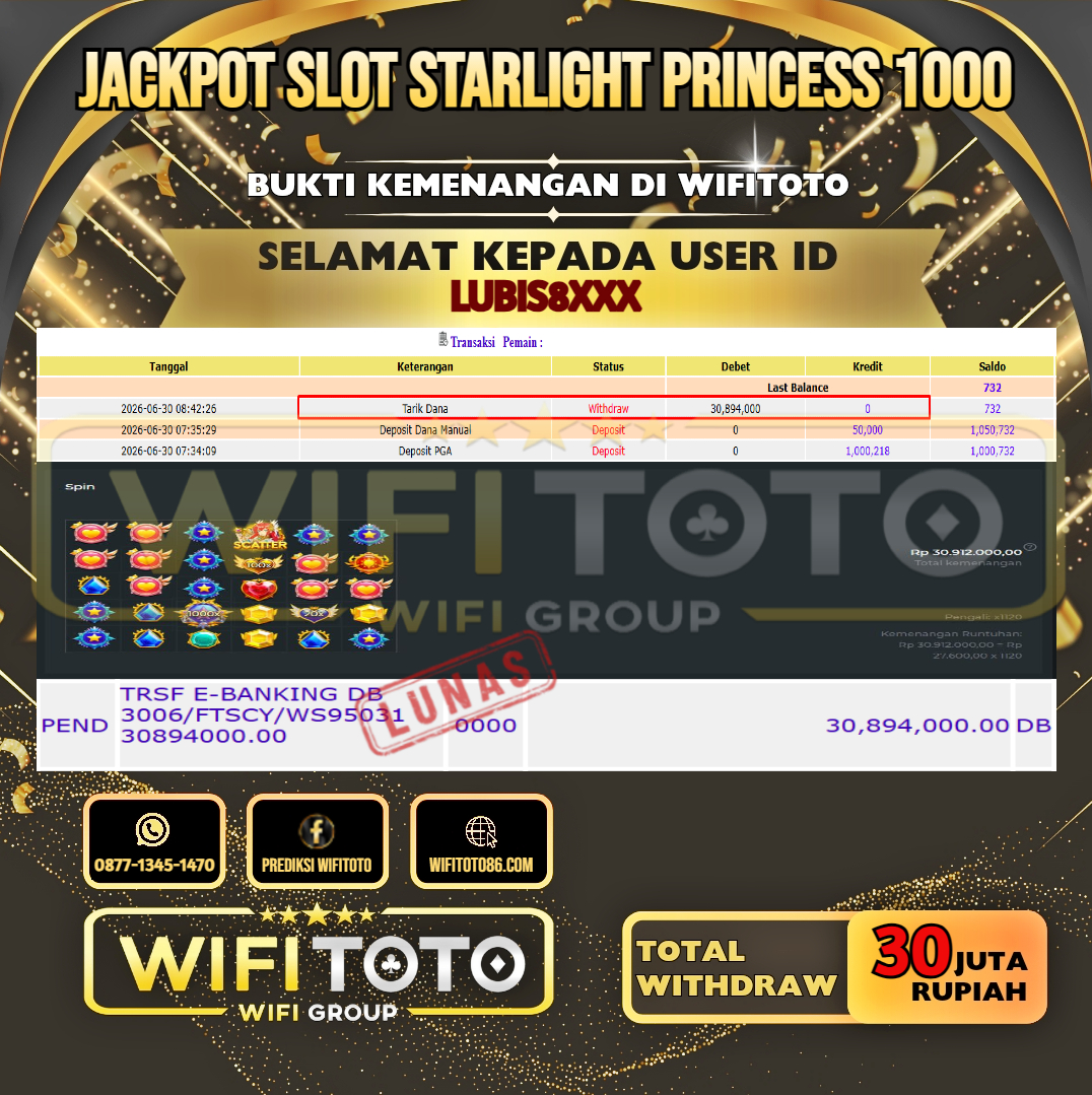 WIFITOTO  JACKPOT SLOT STARLIGHT PRINCESS 1000 RP.30.000.000,- LUNAS USER ID : LUBIS8***