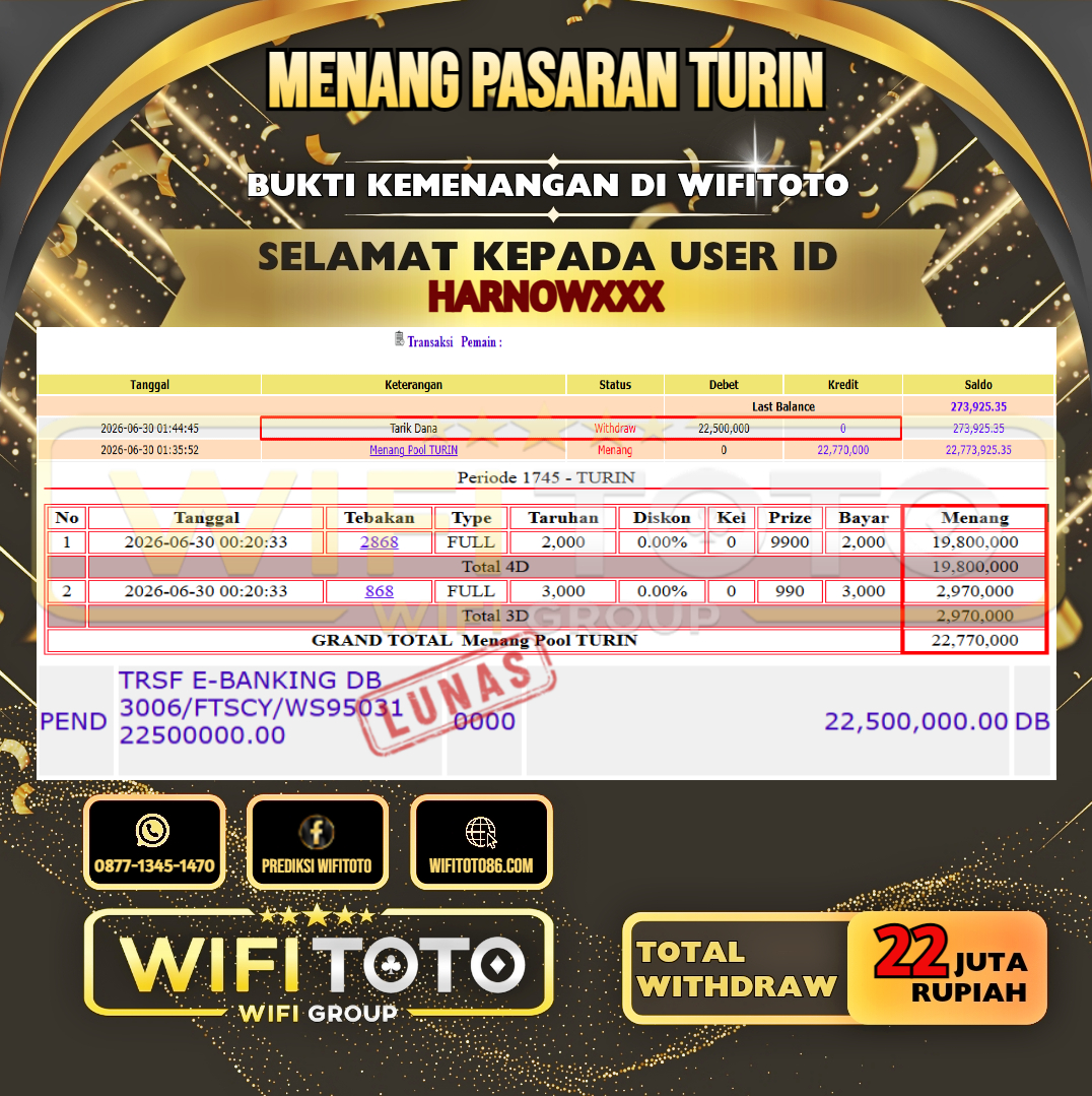WIFITOTO  JACKPOT TOGEL PASARAN TURIN RP.22.000.000,- LUNAS USER ID : HARNOW***