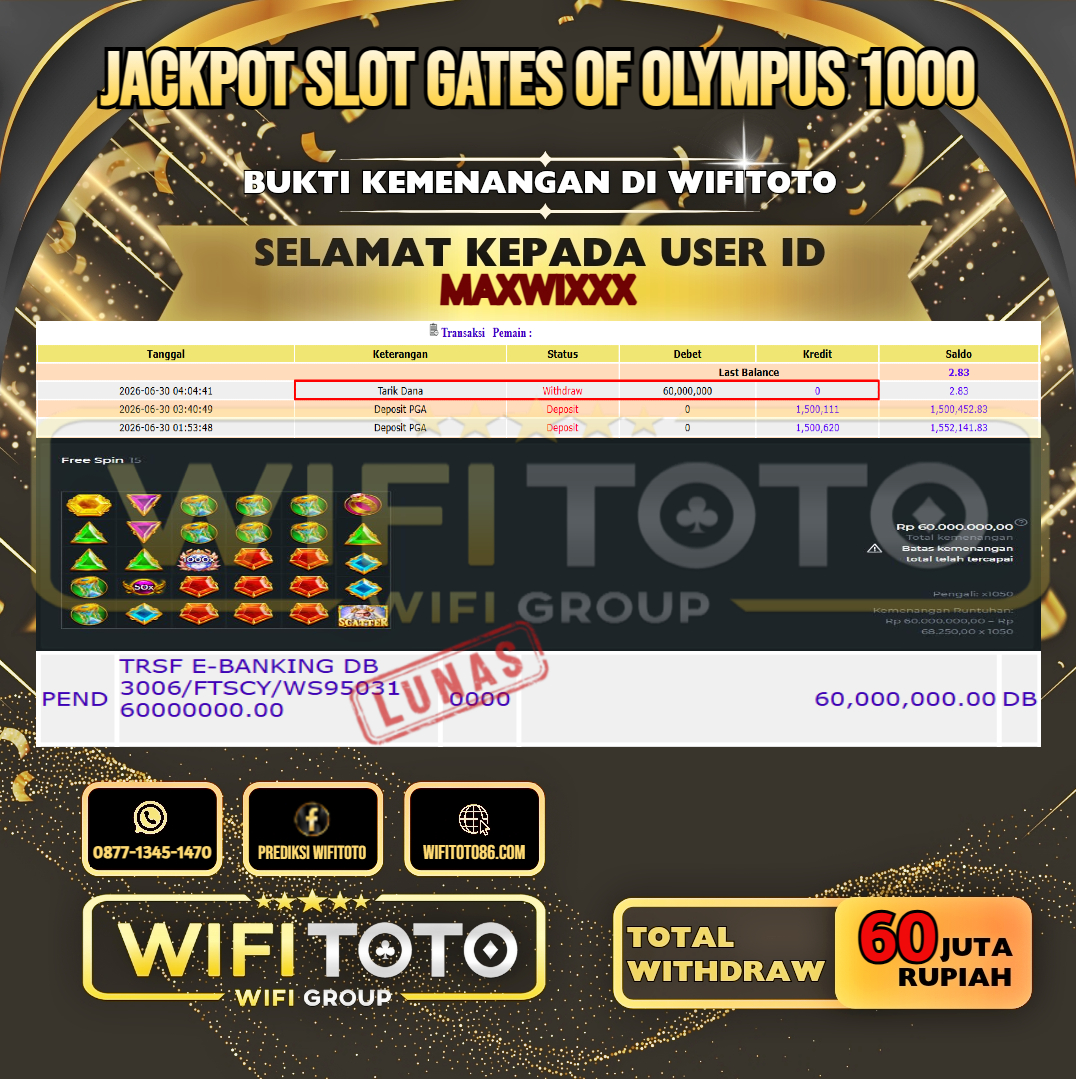 WIFITOTO  JACKPOT SLOT GATES OF OLYMPUS 1000 RP.60.000.000,- LUNAS USER ID : MAXWI***