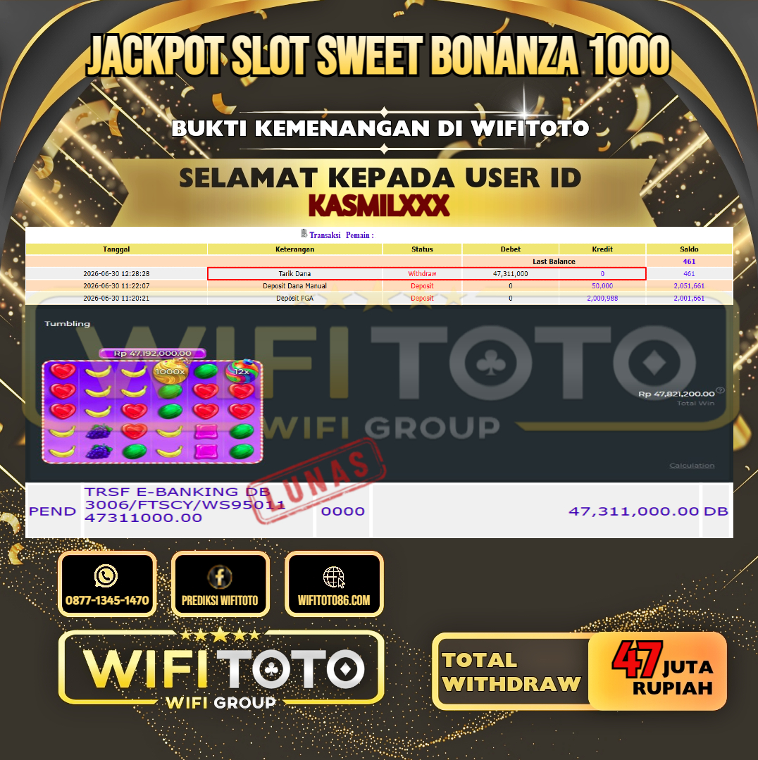 WIFITOTO  JACKPOT SLOT SWEET BONANZA 1000 RP.47.000.000,- LUNAS USER ID : KASMIL***