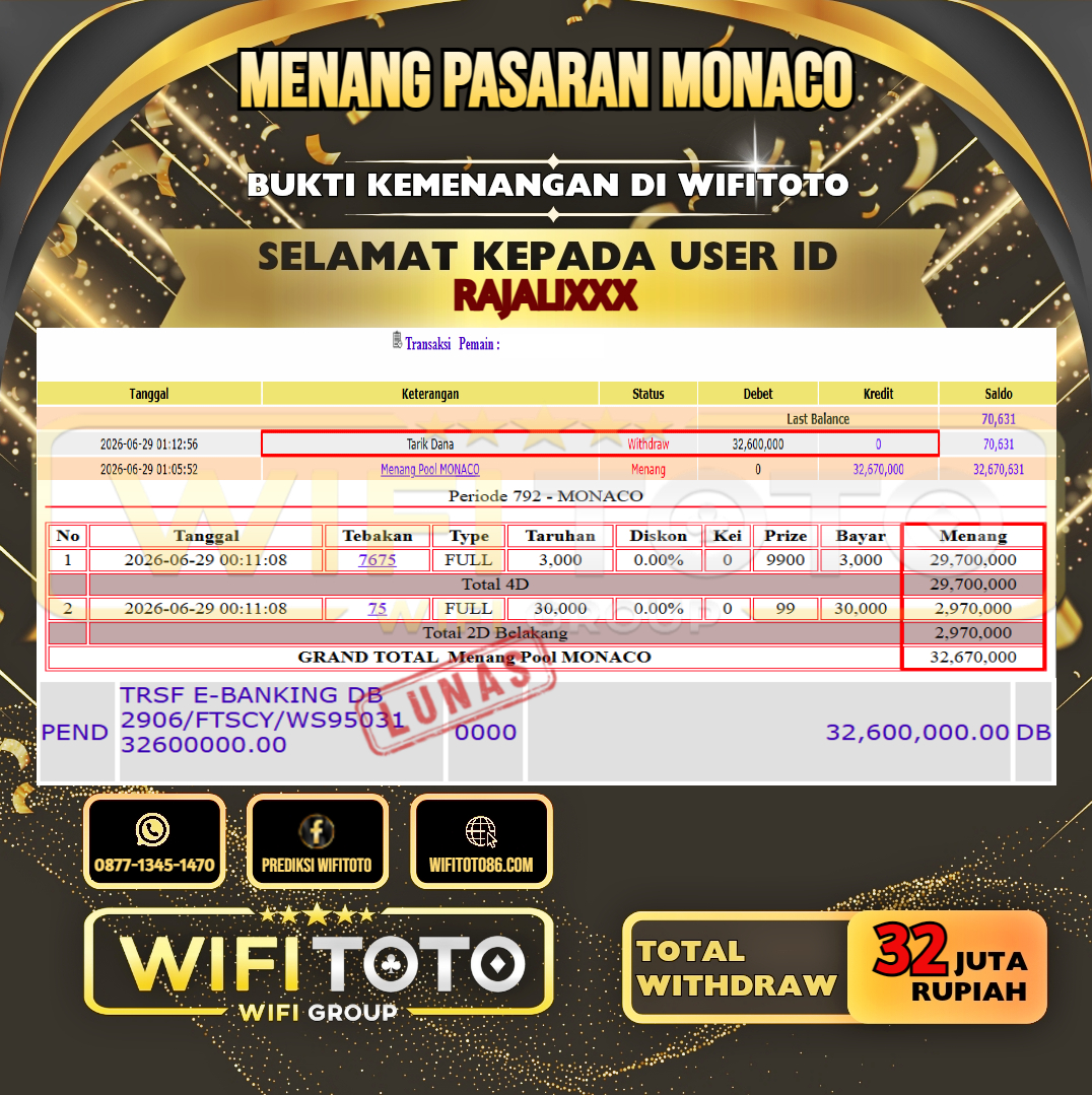 WIFITOTO  JACKPOT TOGEL PASARAN MONACO RP.32.000.000,- LUNAS USER ID : RAJALI***