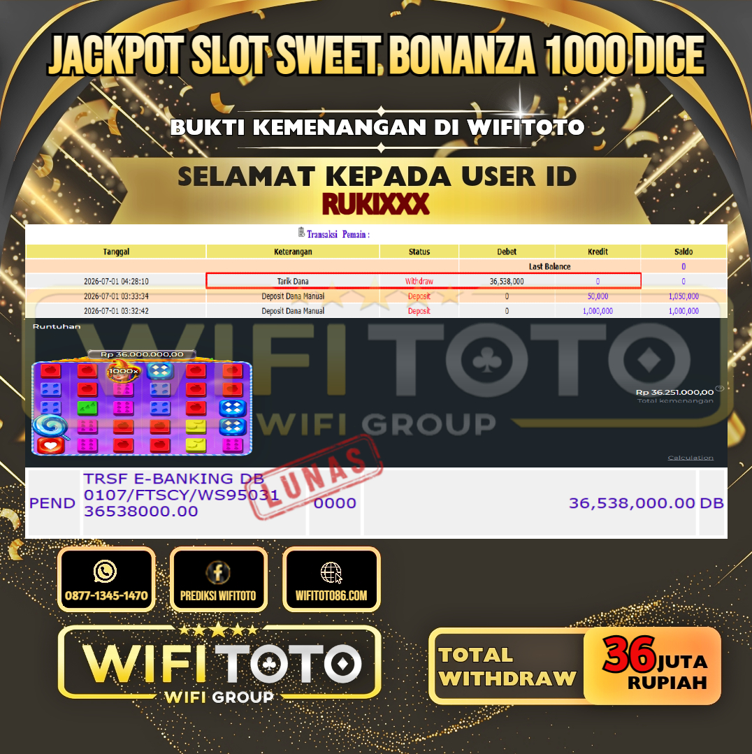 WIFITOTO  JACKPOT SLOT SWEET BONANZA 1000 DICE RP.36.000.000,- LUNAS USER ID : RUKI***